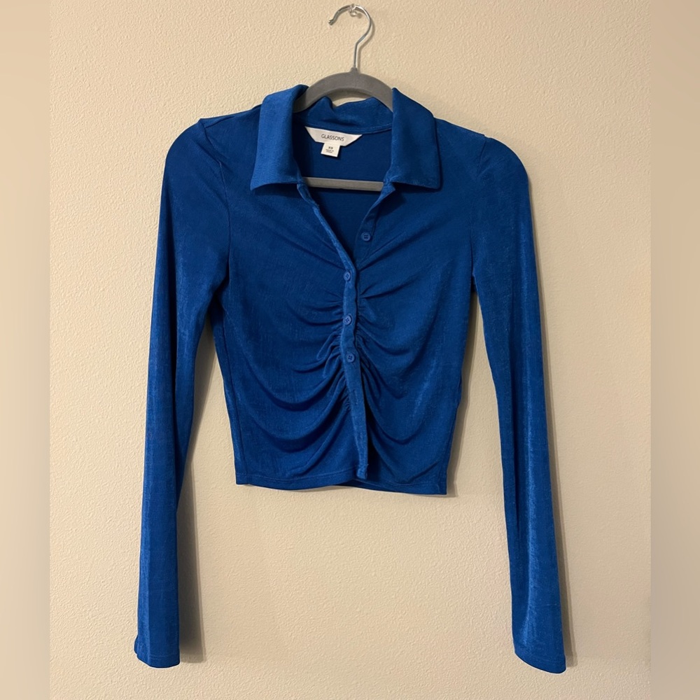 Glassons Blue Long Sleeve Ruched Button Down Top